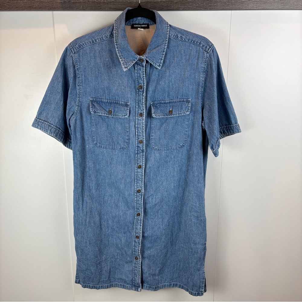 American Apparel Denim Mini Shirt Dress Short Sleeve Light Wash Sinclair sz S